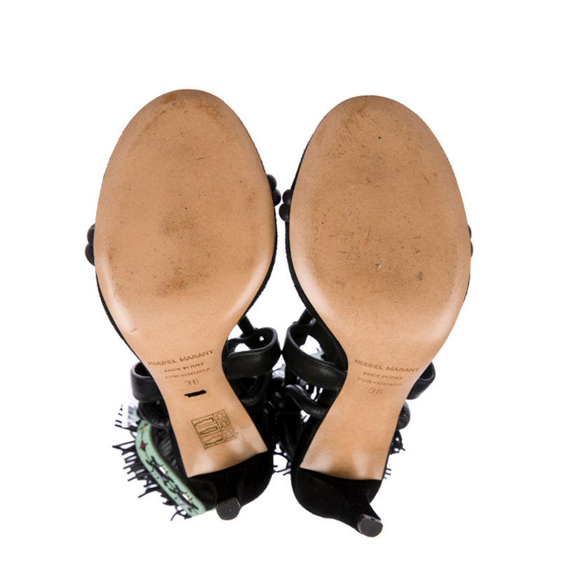 Isabel Marant Black Leather Abrily Santa Fe Fringe Sandals 36