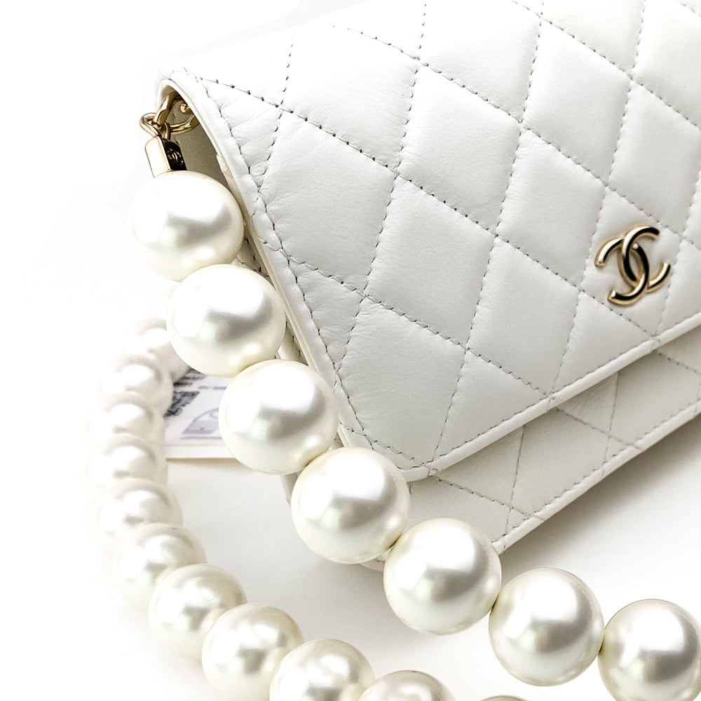 Chanel White Calfskin Quilted Leather Maxi Pearl Mini Wallet On Chain WOC Bag