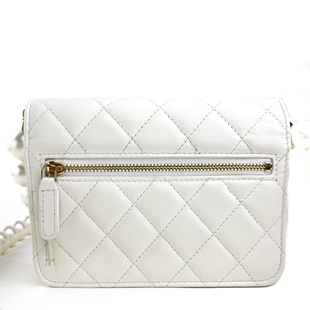 Chanel White Calfskin Quilted Leather Pearl Mini Wallet On Chain WOC Bag