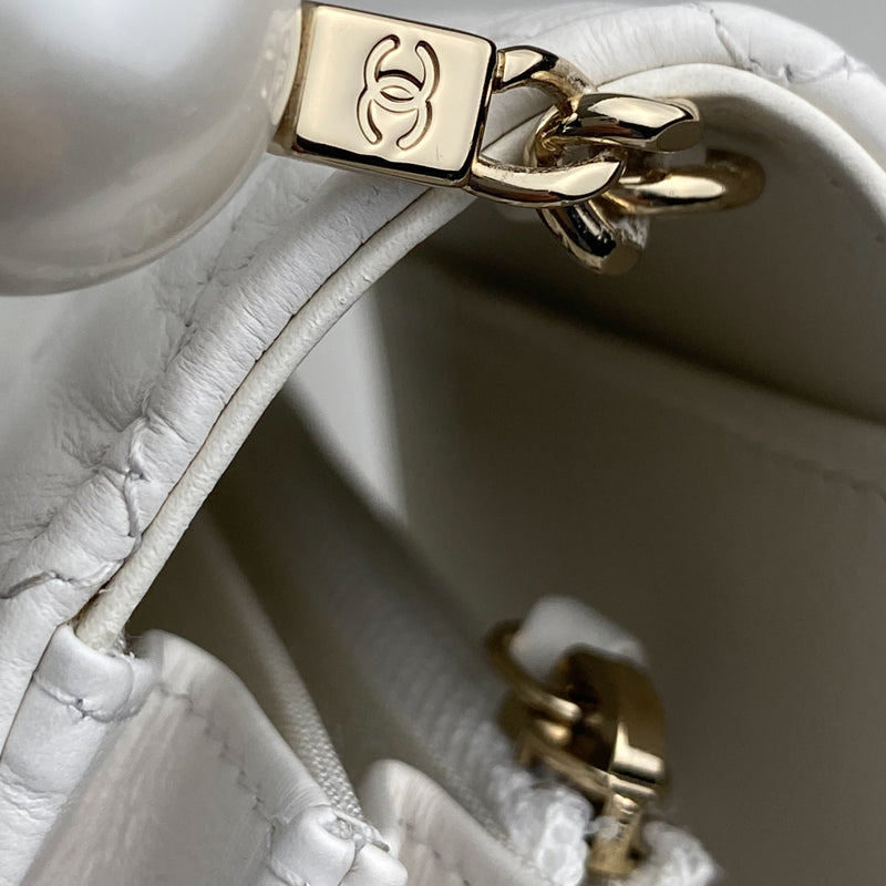 Chanel White Calfskin Quilted Leather Maxi Pearl Mini Wallet On Chain WOC Bag