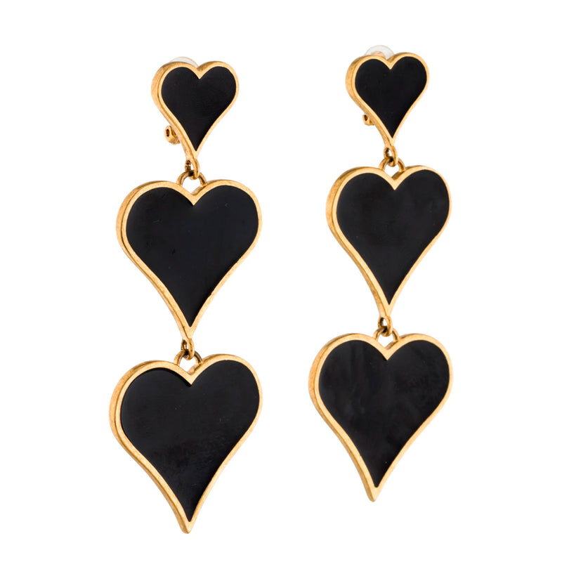 Saint Laurent Black 3-Heart Drop Enamel Earrings