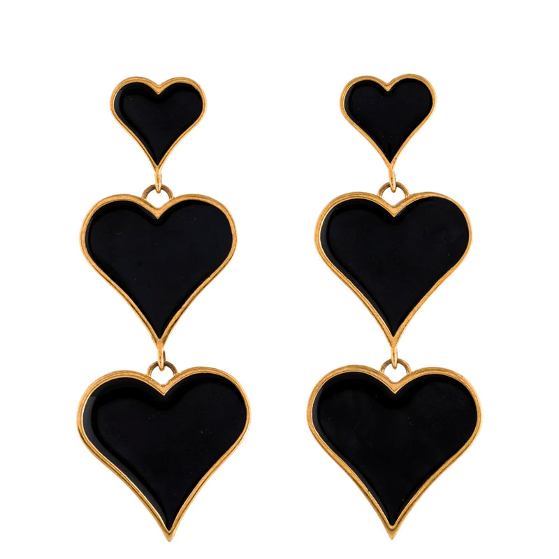 Saint Laurent Black 3-Heart Drop Enamel Earrings