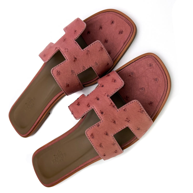 HERMES ORAN SANDAL In OSTRICH Very Limited Rouge Corail Color Size