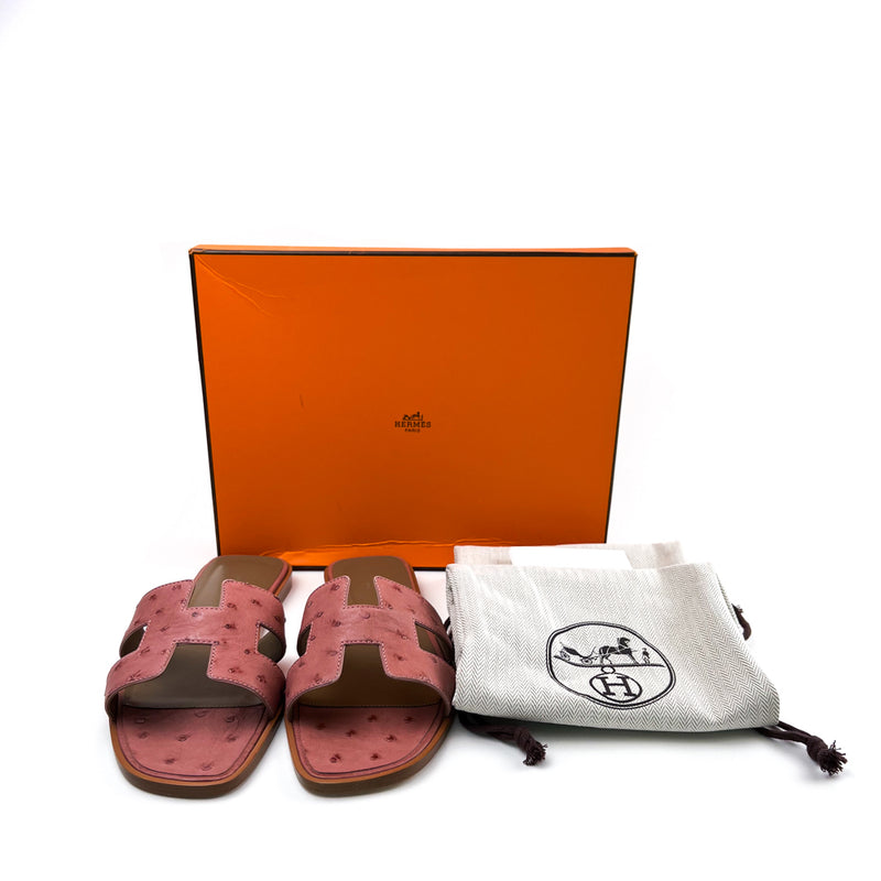 Hermes Rouge Blush Ostrich Oran Sandals 40.5