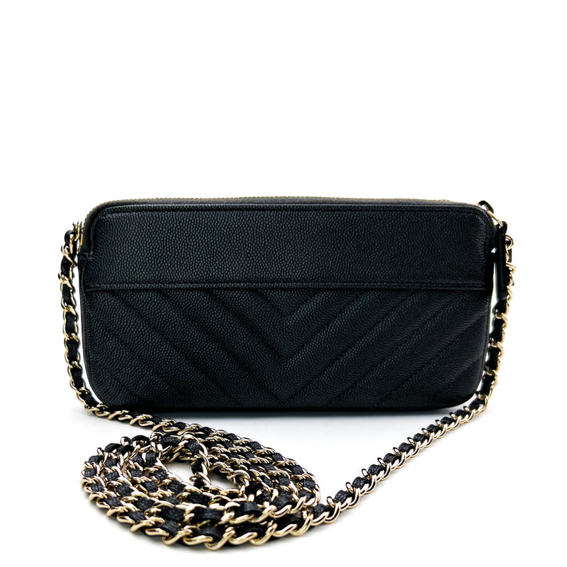 Chanel Black Caviar Chevron Quilted Clutch with Chain Bag