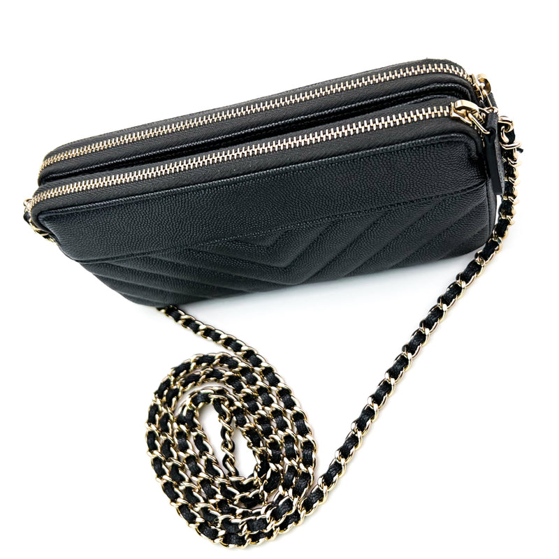 Chanel Black Caviar Chevron Quilted Clutch with Chain Bag