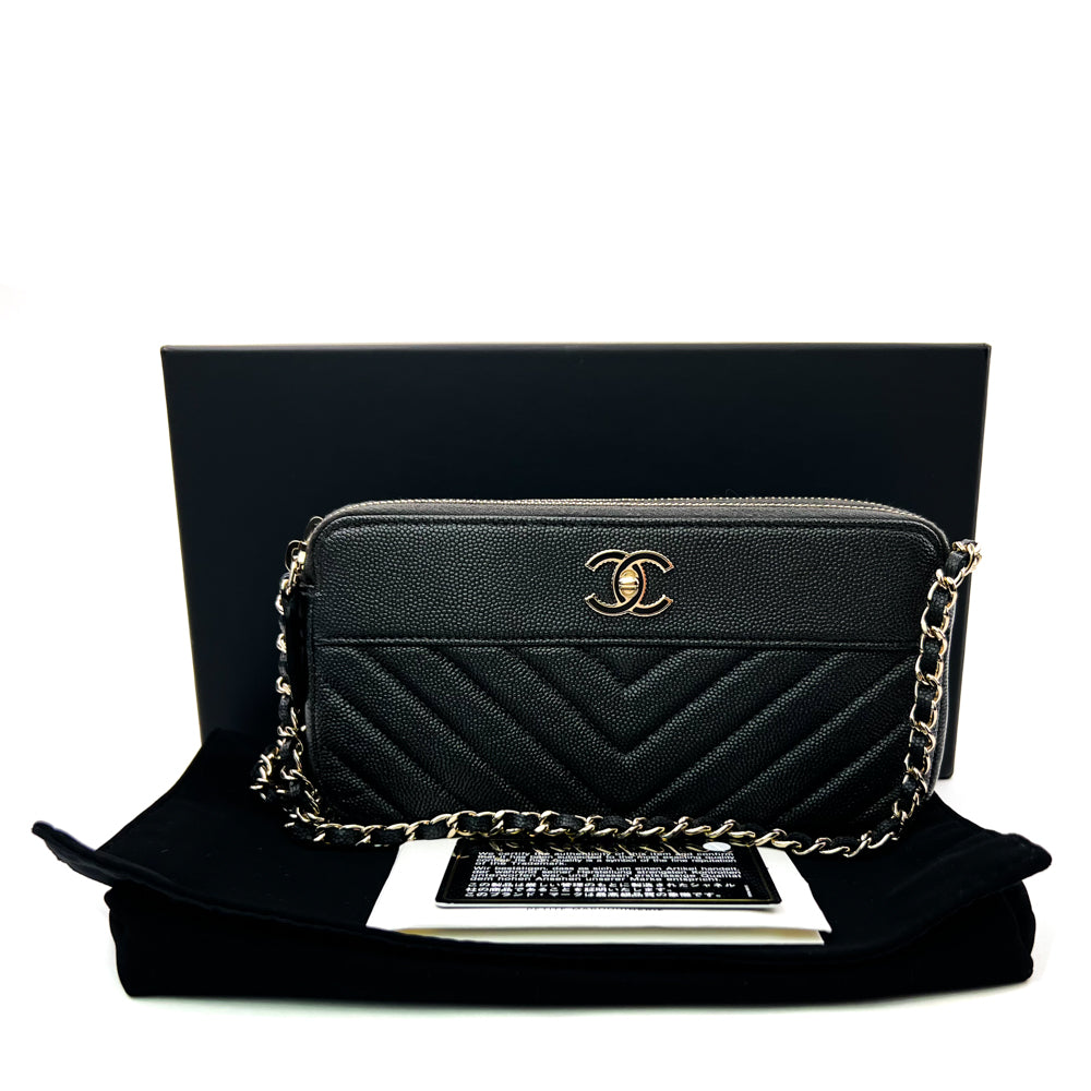 Chanel Silver Caviar Chevron Quilted Boy Wallet on A Chain