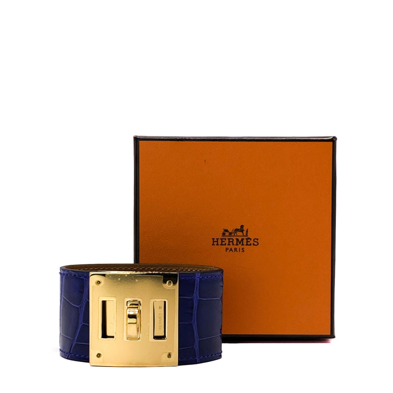 Hermes Bleu Electrique Shiny Alligator Gold Plated Kelly Dog Bracelet