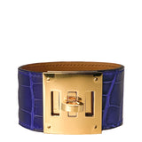 Hermes Bleu Electrique Shiny Alligator Gold Plated Kelly Dog Bracelet