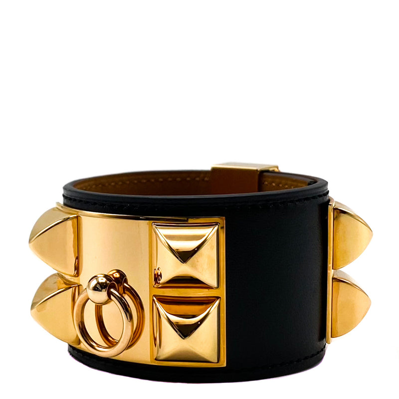 Hermes Black Box Leather Gold Plated Collier de Chien Bracelet