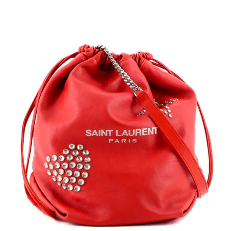 Saint Laurent Red Lambskin Leather Studded Teddy Bucket Bag