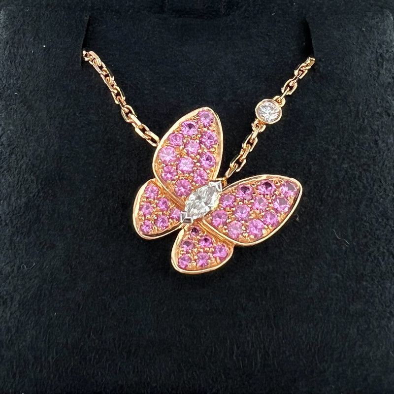 Van Cleef & Arpels Diamond And Pink Sapphire Two Butterfly Pendant Necklace