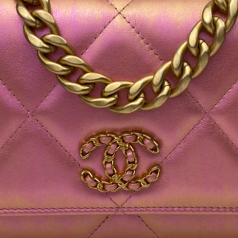 Chanel Metallic Iridescent Pink Lambskin Chanel 19 Wallet On Chain WOC Bag