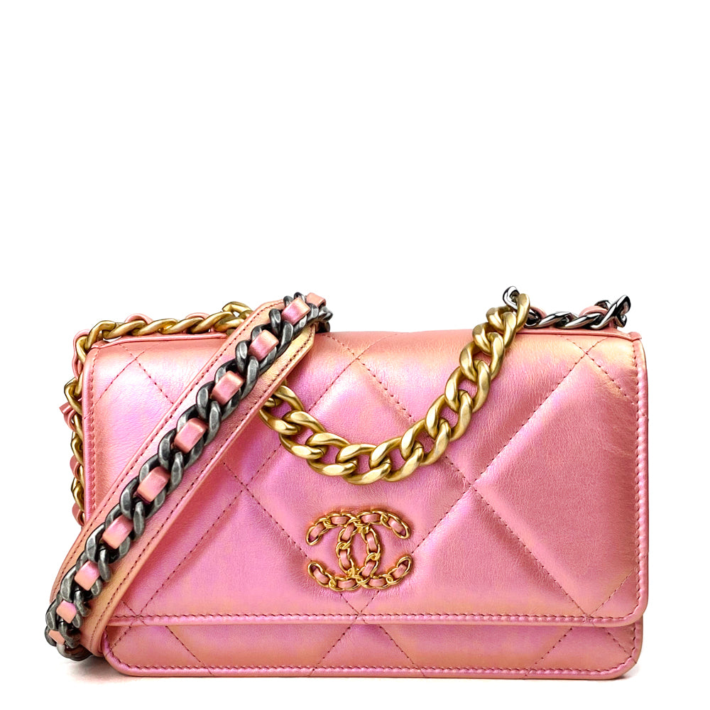 Chanel Metallic Iridescent Pink Lambskin Chanel 19 Wallet On Chain