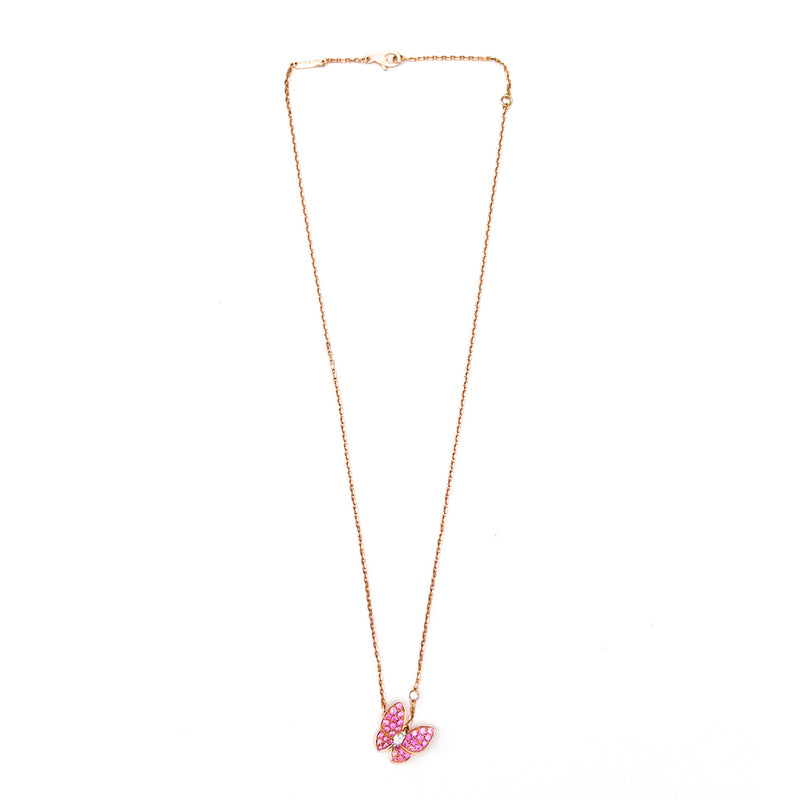 Van Cleef & Arpels 18k Rose Gold Diamond and Pink Sapphire Two Butterfly Pendant Necklace