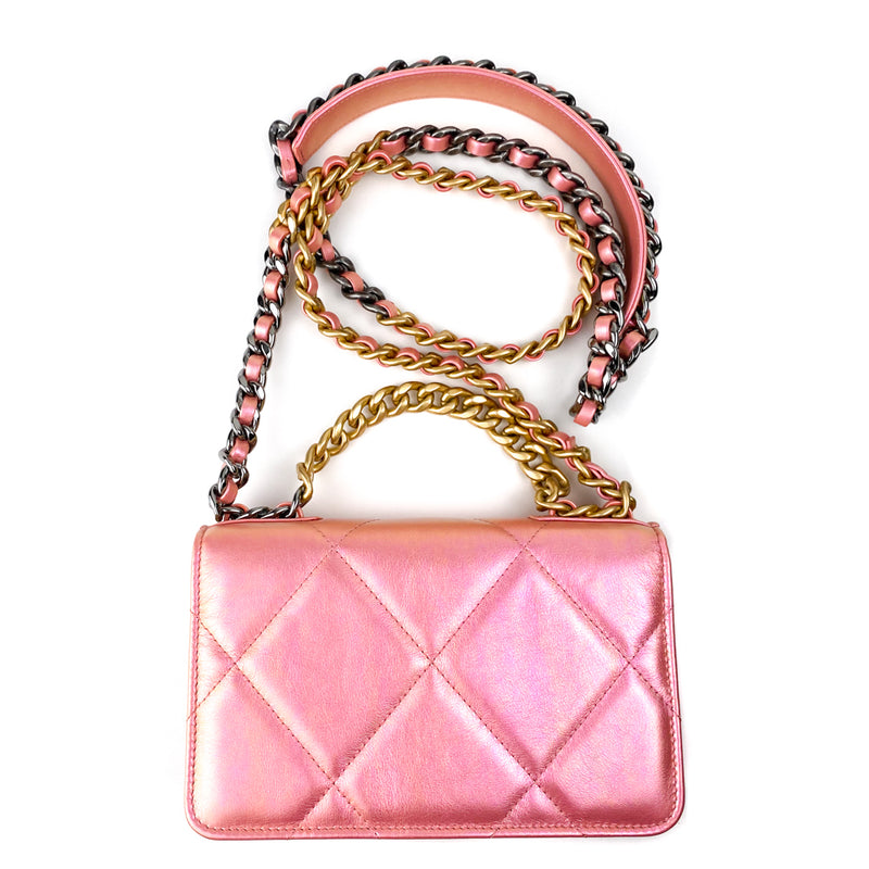 Chanel Metallic Iridescent Pink Lambskin Chanel 19 Wallet On Chain WOC Bag