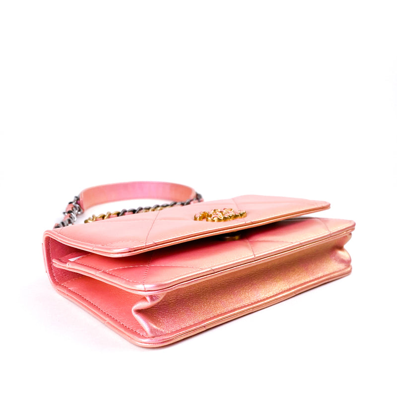 Chanel Metallic Iridescent Pink Lambskin Chanel 19 Wallet On Chain WOC Bag