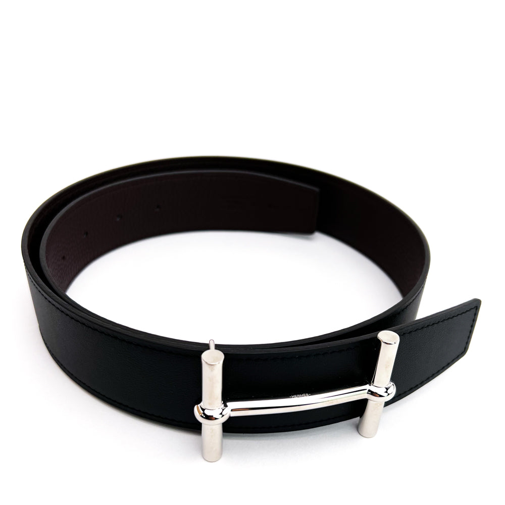 Hermes H Leather Buckle 38MM Reversible Belt Togo Leather In Black/Silver