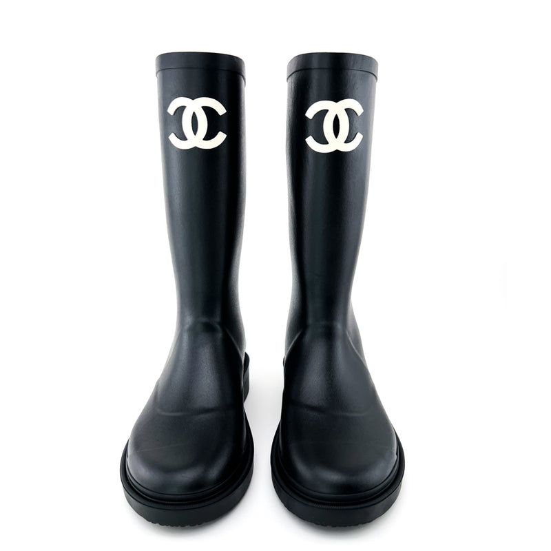 chanel thigh high rain boots