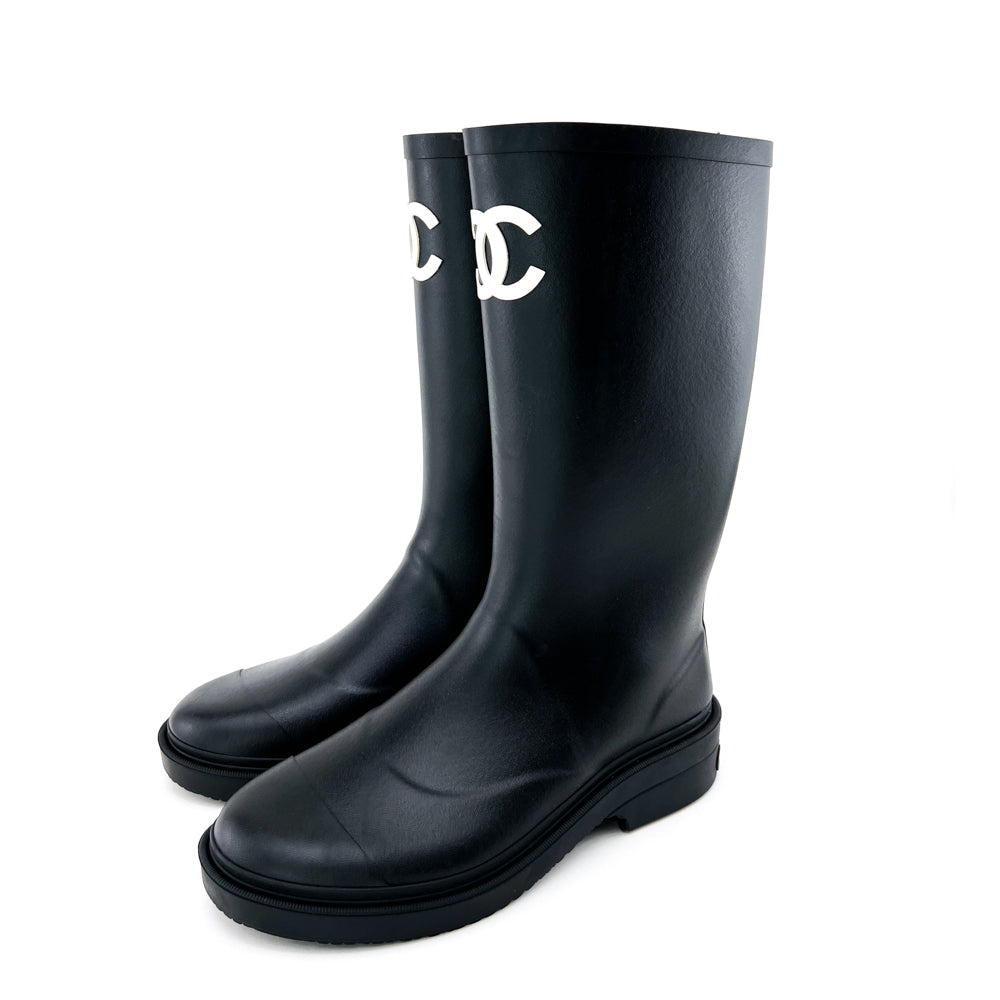 Chanel Black Caoutchouc CC Rain Boots 38