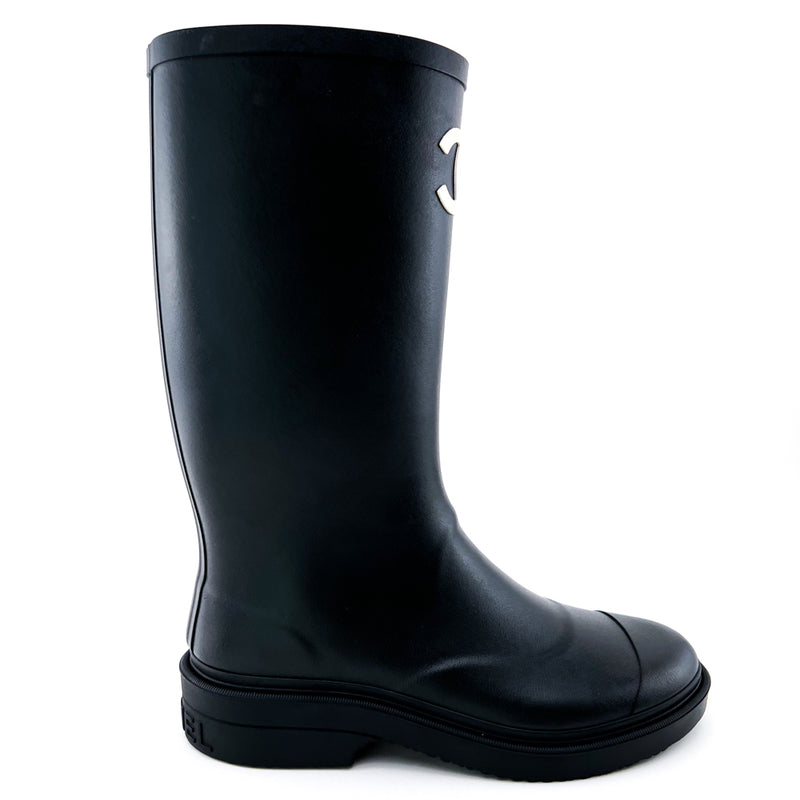 Chanel Black Caoutchouk CC Rain Boots