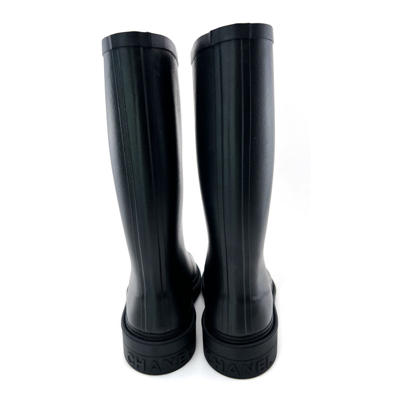 Chanel REV Black White Caoutchouc CC Logo High Pull On Rubber Rain Boots 38