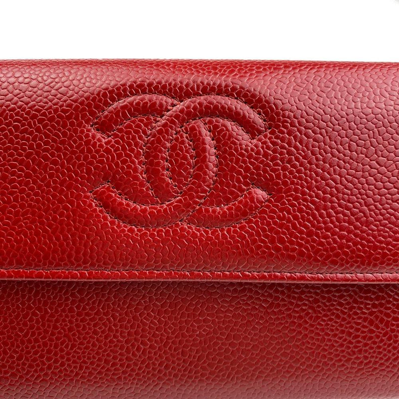 Chanel Classic Caviar Quilted Leather Flat Wallet Pouch Red