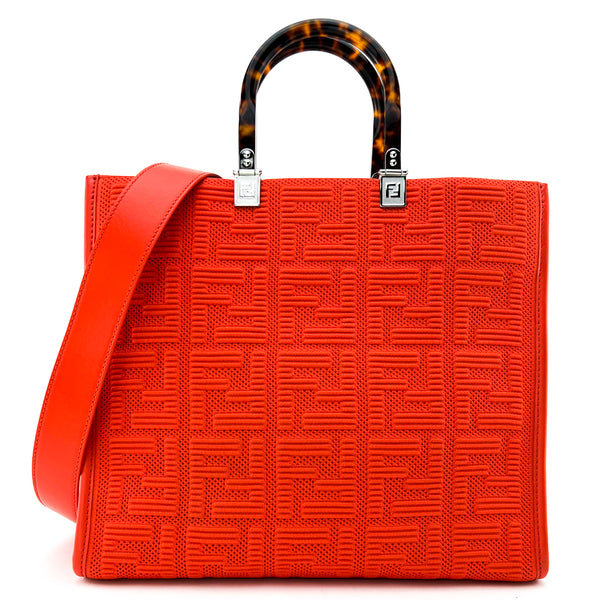 Fendi Red Orange Technical Fabric Plexiglass FF Motif Sunshine Medium Shopper Tote Bag