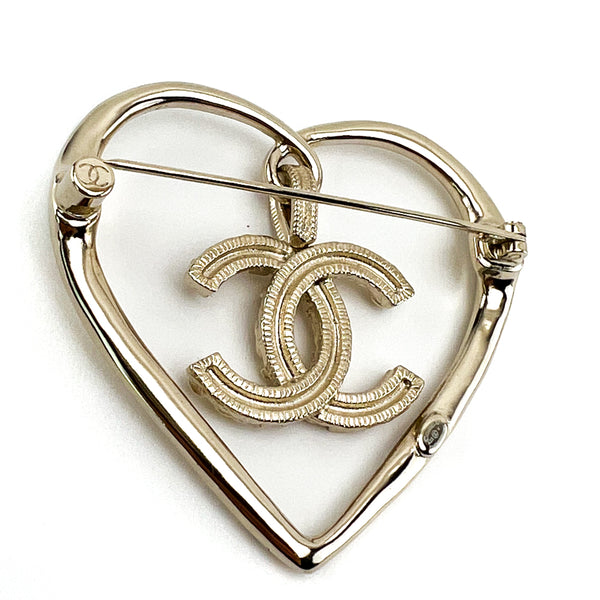 Chanel Light Gold Crystal Heart CC Brooch