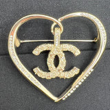Chanel Light Gold Crystal Heart CC Brooch - LUXYBIT