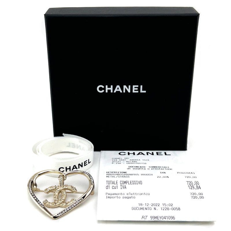 Chanel Light Gold Crystal Heart CC Brooch