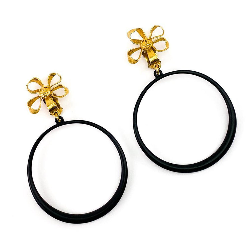 Chanel Gold CC Flower Hoop Clip On Earrings 93P Black and Vintage