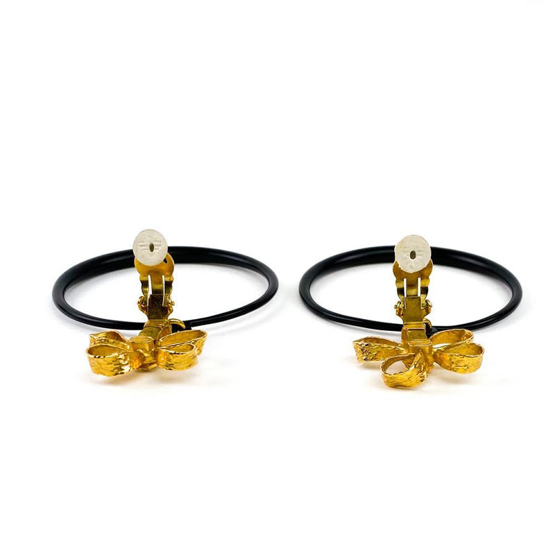 CC Flower Hoop Clip On Earrings 93P Black and Vintage Gold.