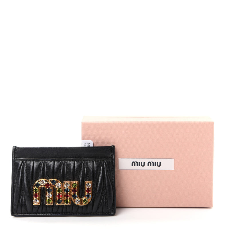 Miu Miu Black Matelassé Leather Crystal Card Holder Wallet