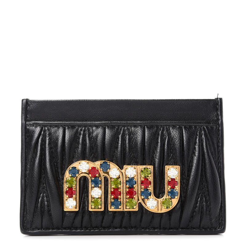 Miu Miu Black Matelassé Leather Crystal Card Holder Wallet - Luxybit