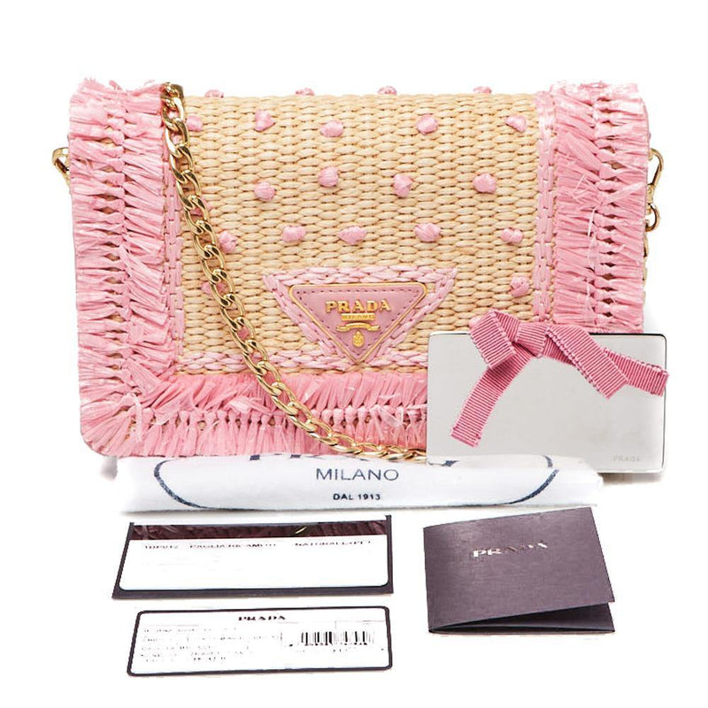 Prada Pink Woven Straw Dots Wallet on Chain Shoulder Bag