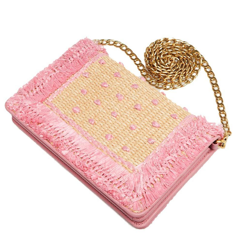 Prada Pink Woven Straw Dots Wallet on Chain Shoulder Bag Back View- Luxybit