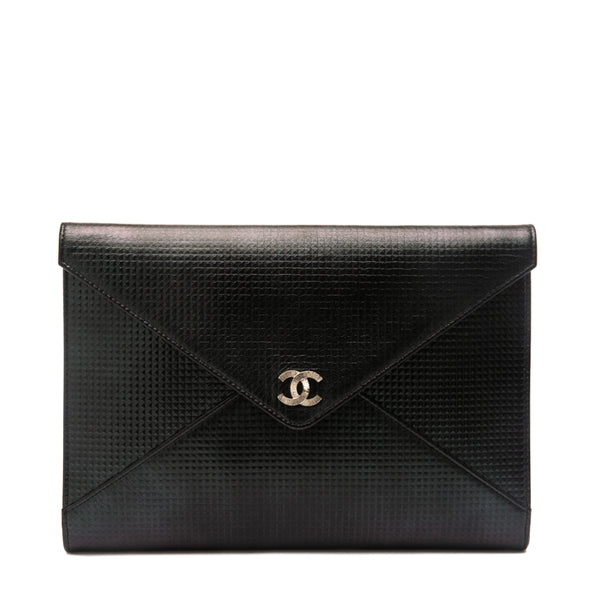 Chanel Metallic Black Embossed Lambskin Leather Cube Clutch Bag