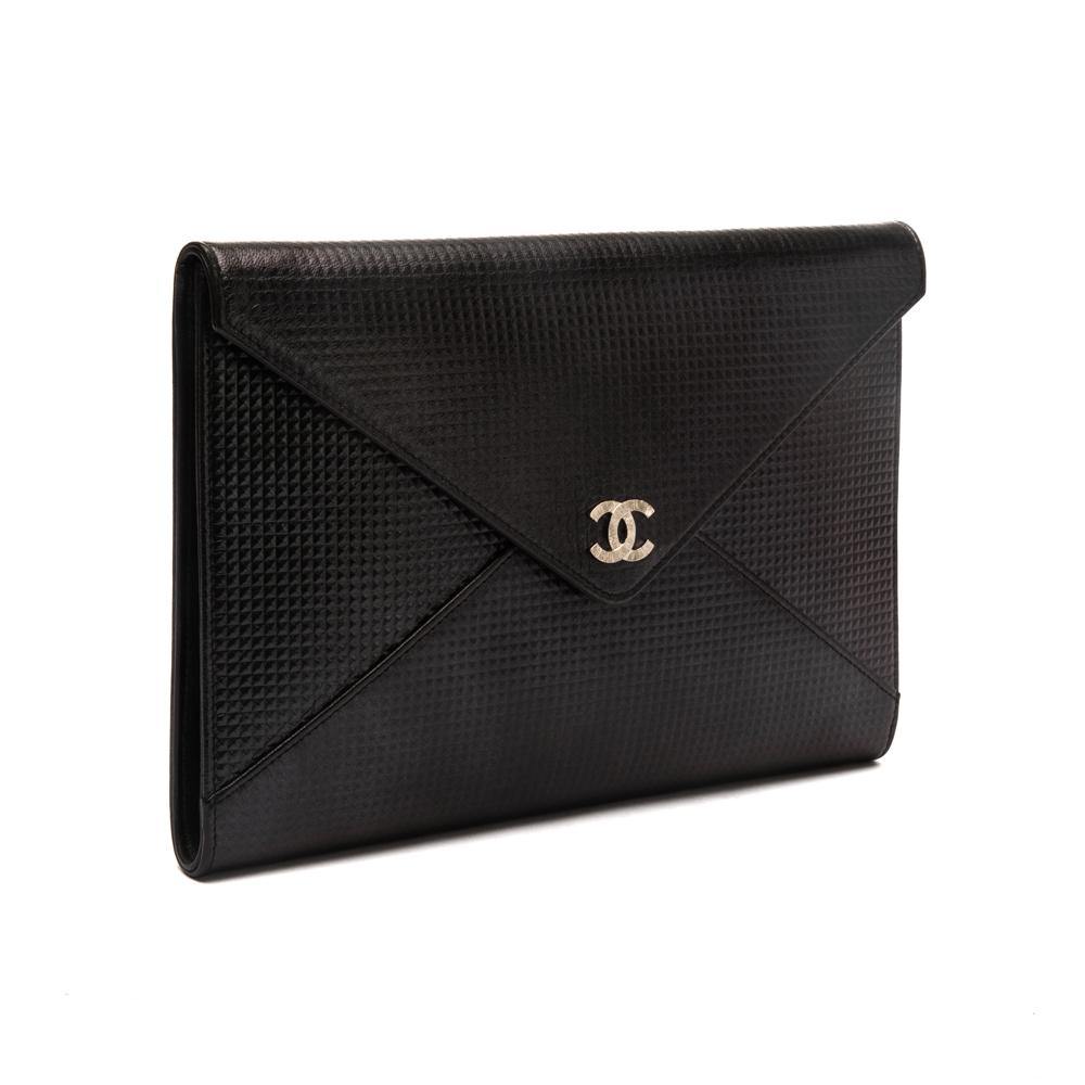 Chanel Metallic Black Embossed Lambskin Leather Cube Clutch Bag