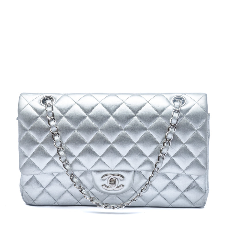 Chanel Quilted Lambskin Leather Classic Medium Double Flap Bag Silver