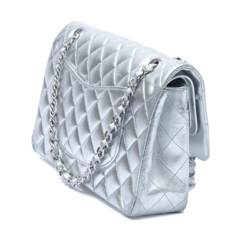 Chanel Quilted Lambskin Leather Classic Medium Double Flap Bag Silver