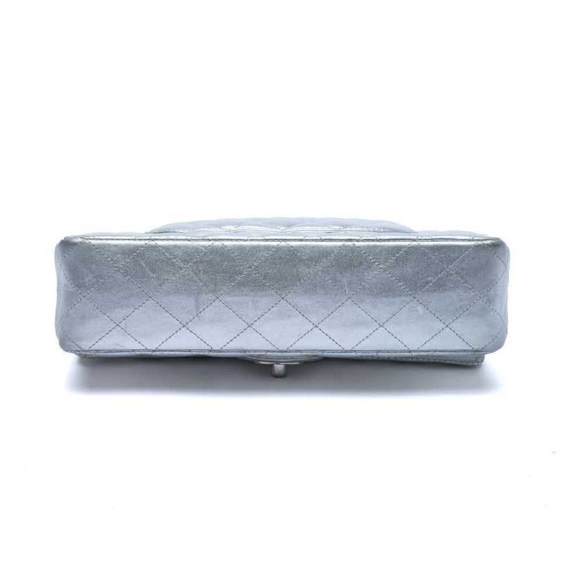 Quilted Lambskin Leather Classic Medium Double Flap Bag Silver.