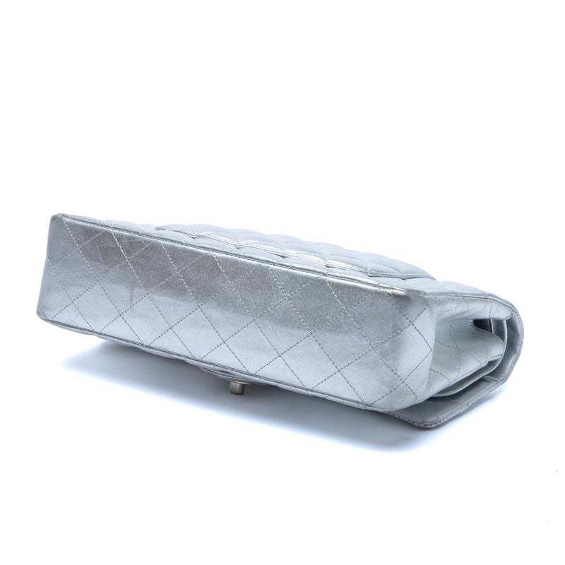 Quilted Lambskin Leather Classic Medium Double Flap Bag Silver.