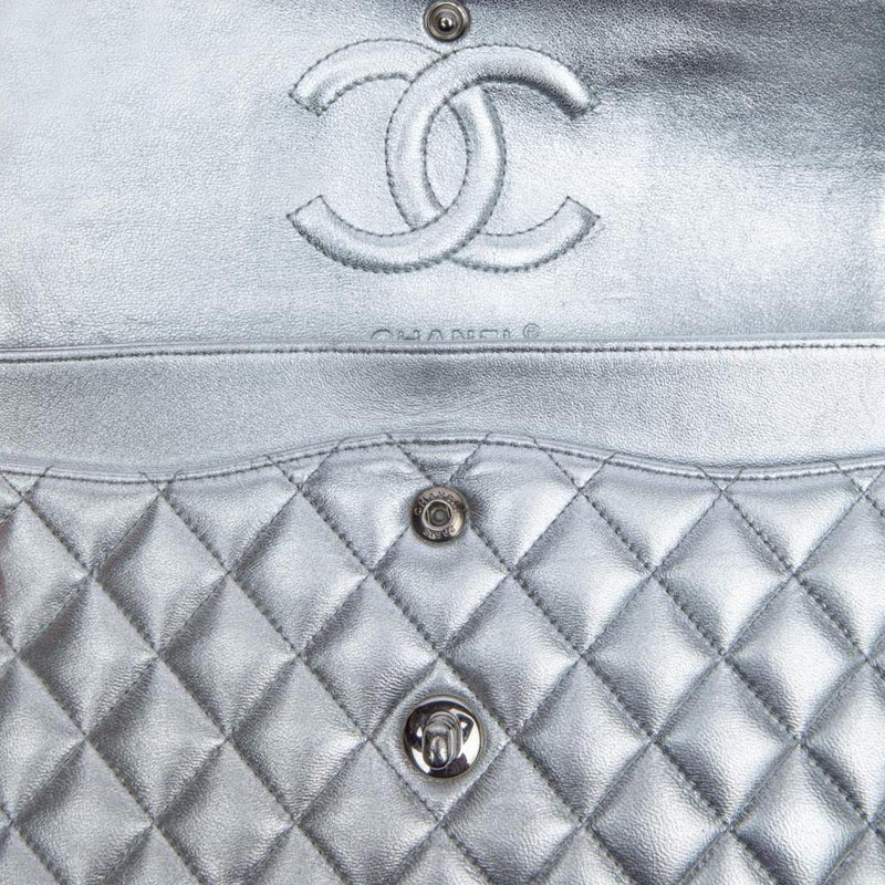 Quilted Lambskin Leather Classic Medium Double Flap Bag Silver.