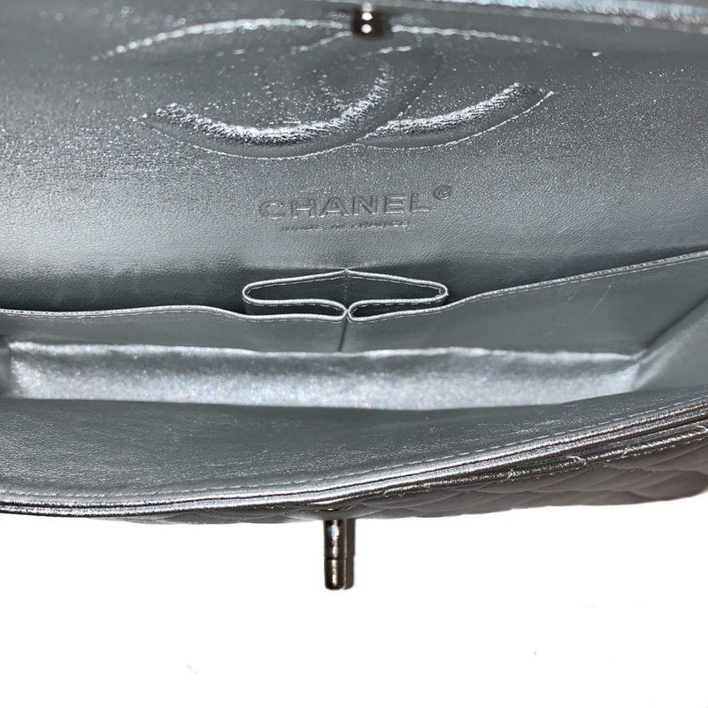 Quilted Lambskin Leather Classic Medium Double Flap Bag Silver.