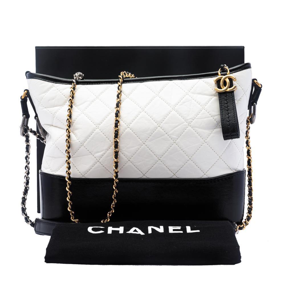 Chanel Black White Quilted Leather Medium Gabrielle Hobo Bag