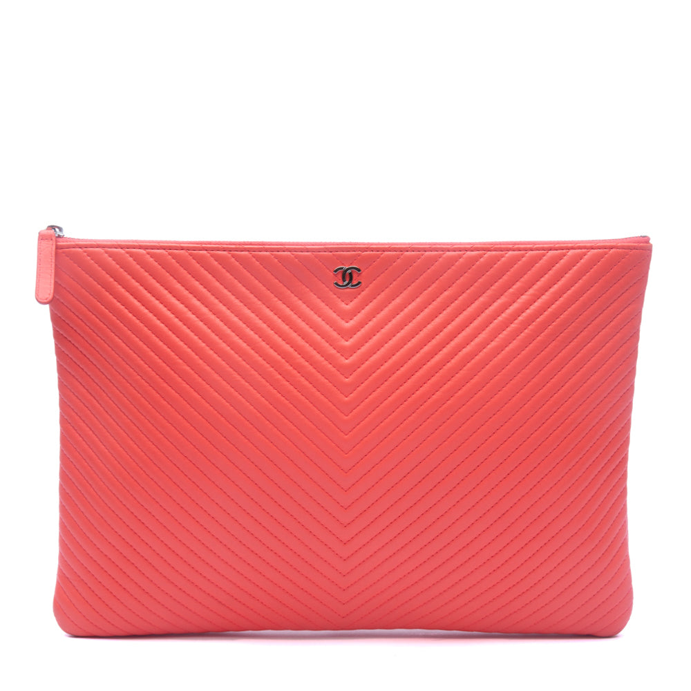 Chanel Coral Quilted Chevron Lambskin Leather Zip Pouch Clutch Bag