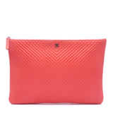 Chanel Coral Quilted Chevron Lambskin Leather Large O-Case Zip Pouch