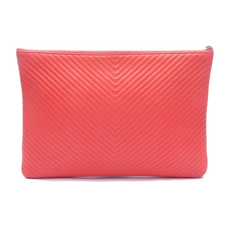 Chanel Quilted Chevron Lambskin Leather Large Zip Pouch Clutch Coral