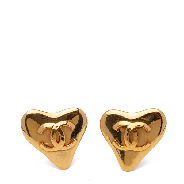 Chanel Gold CC Heart Clip On Earrings 93P Vintage